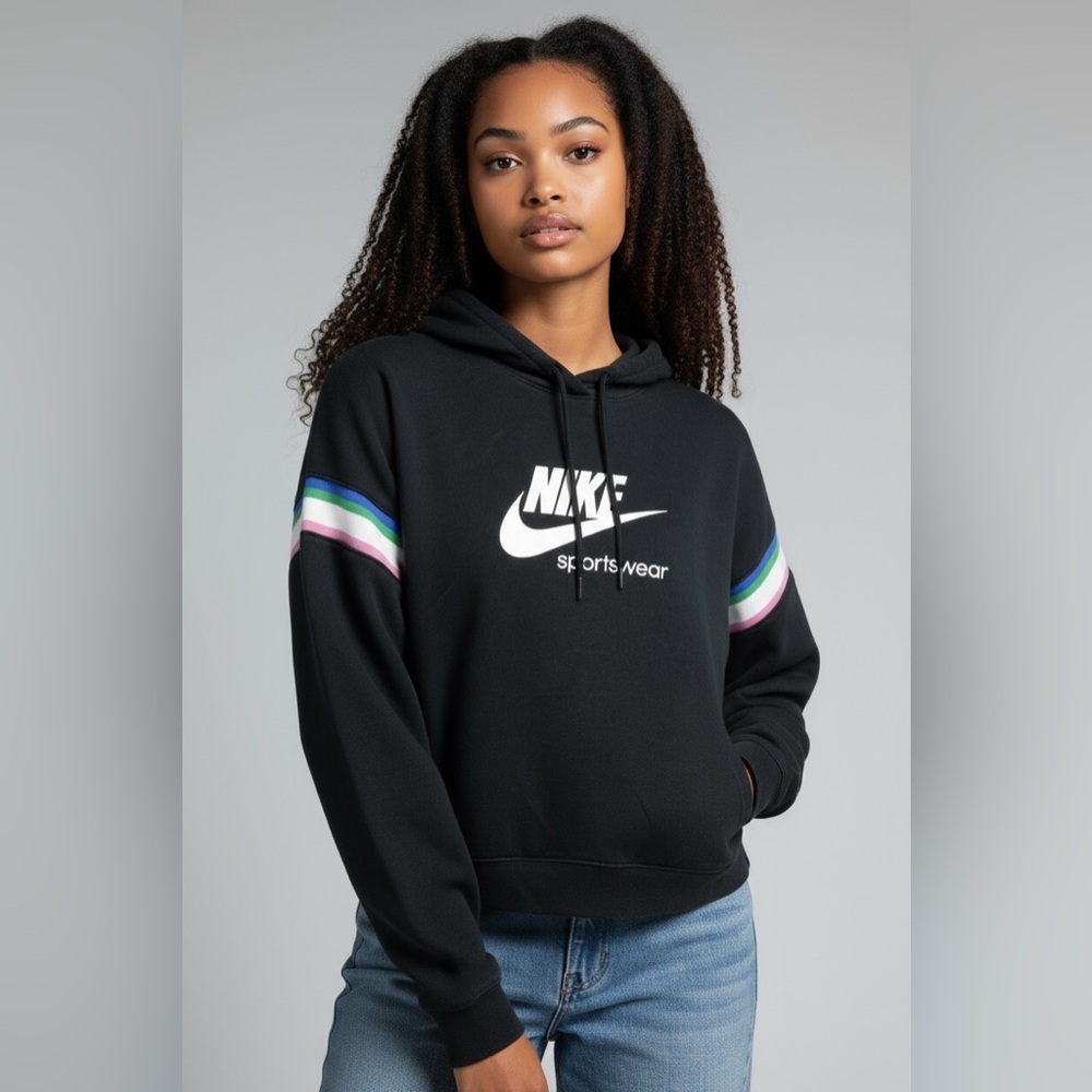 Nike Sportswear Cropped Hoodie Black/White/Hyper Pink/Deep Royal Blue– Womens L